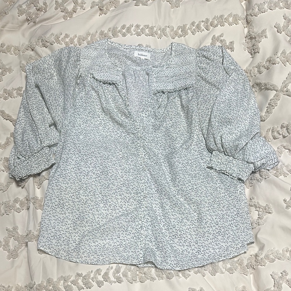 Boheme Blue and Gray Puff Sleeve V-Neck Blouse
